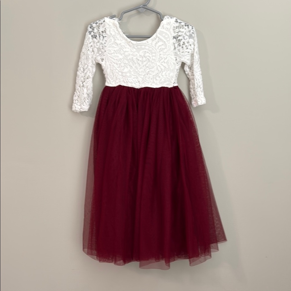 Elegant White and Burgundy Lace Dress 12-18 months